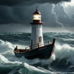 ** A person navigating a stormy sea in a small boat, but with a lighthouse shining brightly in the distance. The person looks determined and hopeful. *Keywords: resilience, challenge, hope, navigation, inner strength.*

**
