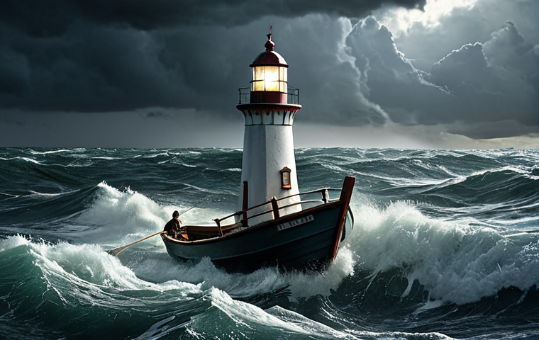 ** A person navigating a stormy sea in a small boat, but with a lighthouse shining brightly in the distance. The person looks determined and hopeful. *Keywords: resilience, challenge, hope, navigation, inner strength.*

**