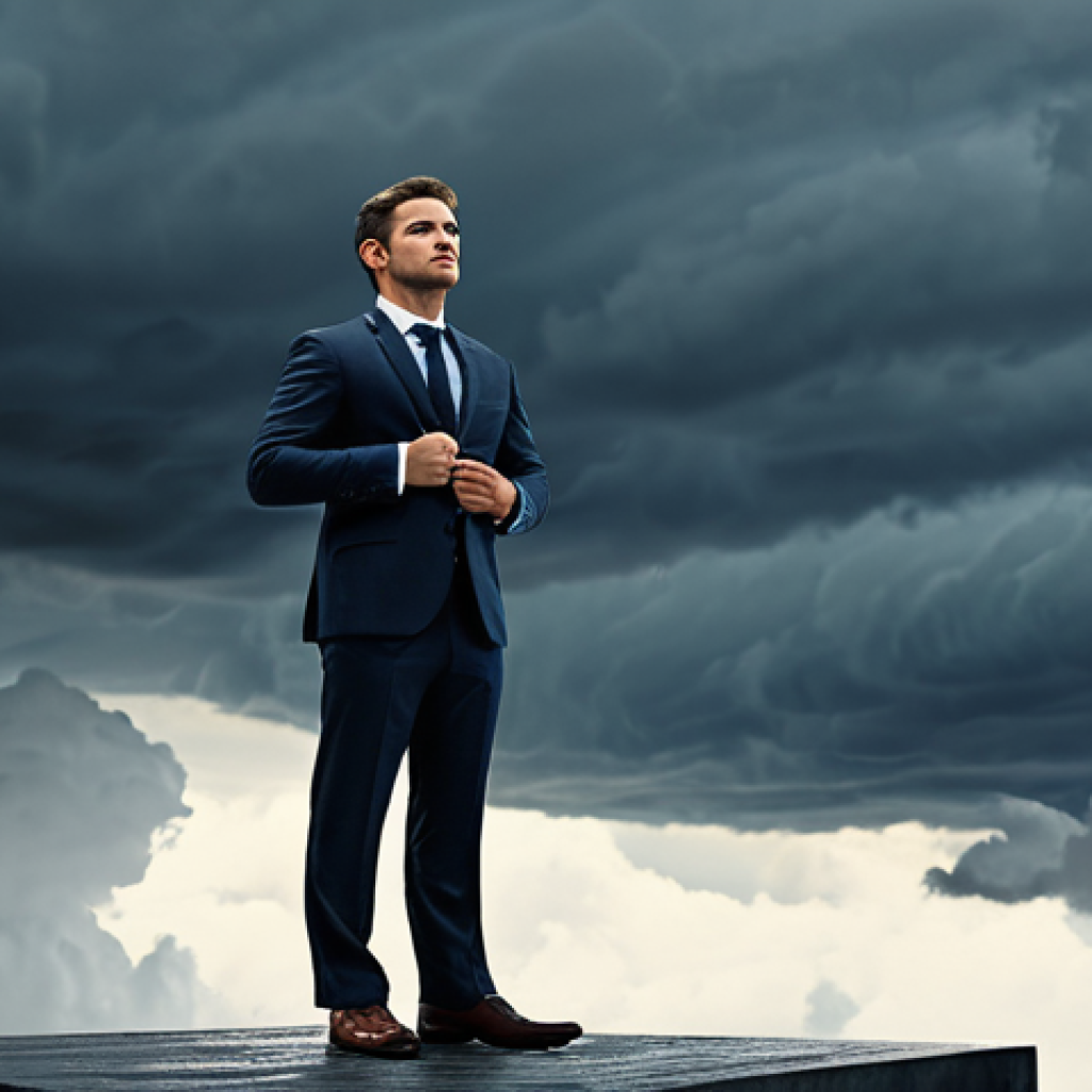 A determined professional individual in a modest, modern business suit, standing calmly on a stable platform amidst a dynamic, slightly abstract background of swirling, muted storm-like clouds, symbolizing challenges. A clear path forward is illuminated by a soft, hopeful light. The overall mood is one of quiet strength and progress. Professional photography, high resolution, soft cinematic lighting, fully clothed, appropriate attire, safe for work, perfect anatomy, correct proportions, natural pose, well-formed hands, proper finger count, natural body proportions, appropriate content, professional, family-friendly.