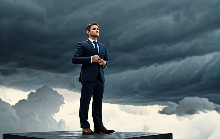 A determined professional individual in a modest, modern business suit, standing calmly on a stable platform amidst a dynamic, slightly abstract background of swirling, muted storm-like clouds, symbolizing challenges. A clear path forward is illuminated by a soft, hopeful light. The overall mood is one of quiet strength and progress. Professional photography, high resolution, soft cinematic lighting, fully clothed, appropriate attire, safe for work, perfect anatomy, correct proportions, natural pose, well-formed hands, proper finger count, natural body proportions, appropriate content, professional, family-friendly.