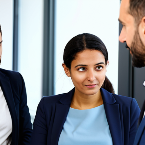 Home 22 Active Listening & Feedback**
A diverse group of colleagues in a bright, modern Italian office participating in a feedback session. One person is actively listening, head tilted slightly, with a genuine expression of understanding. Others are speaking, gesturing calmly. Focus on collaboration and constructive communication. Everyone is fully clothed in professional attire, safe for work, appropriate content, perfect anatomy, natural proportions, professional, modest, family-friendly, high quality.
**