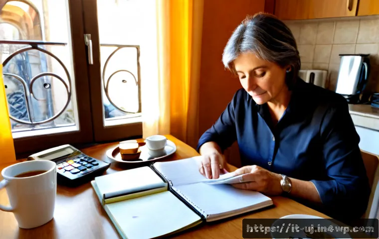 회복탄력성을 높이는 실생활 사례 - Photorealistic Italian woman in her 50s calmly reorganizing a home budget at a bright kitchen table ...